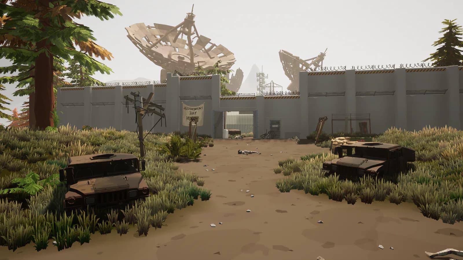 Walled high-risk compound with damaged vehicles and a helicopter visible inside the perimeter