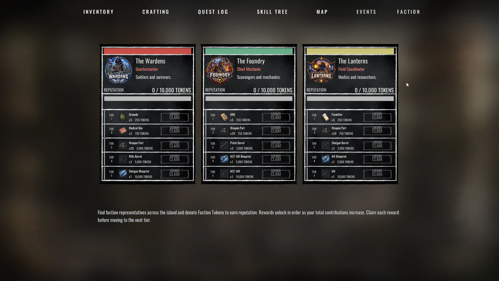 In-game faction board displaying Wardens, Foundry and Lanterns progression columns