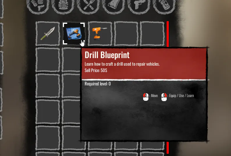 Inventory tooltip for the Drill Blueprint described in a developer vehicle repair update