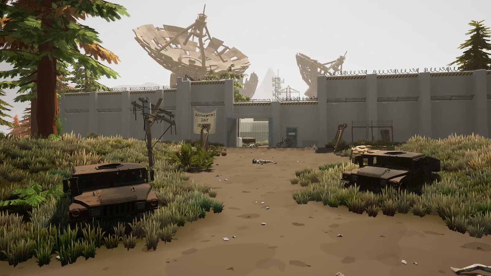 Damaged vehicles outside a concrete high-risk perimeter surrounded by island vegetation