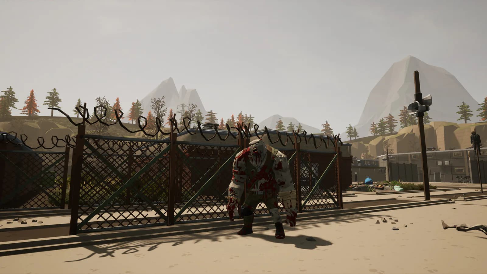Infected pressing against a fenced gate while a survivor holds position outside the compound