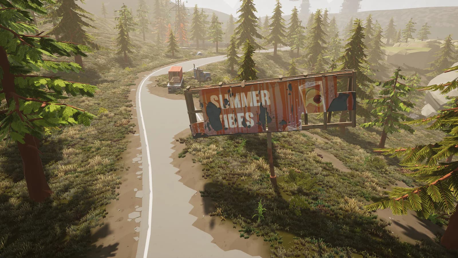 Survivor standing on an island road beside an overgrown shipping-container settlement