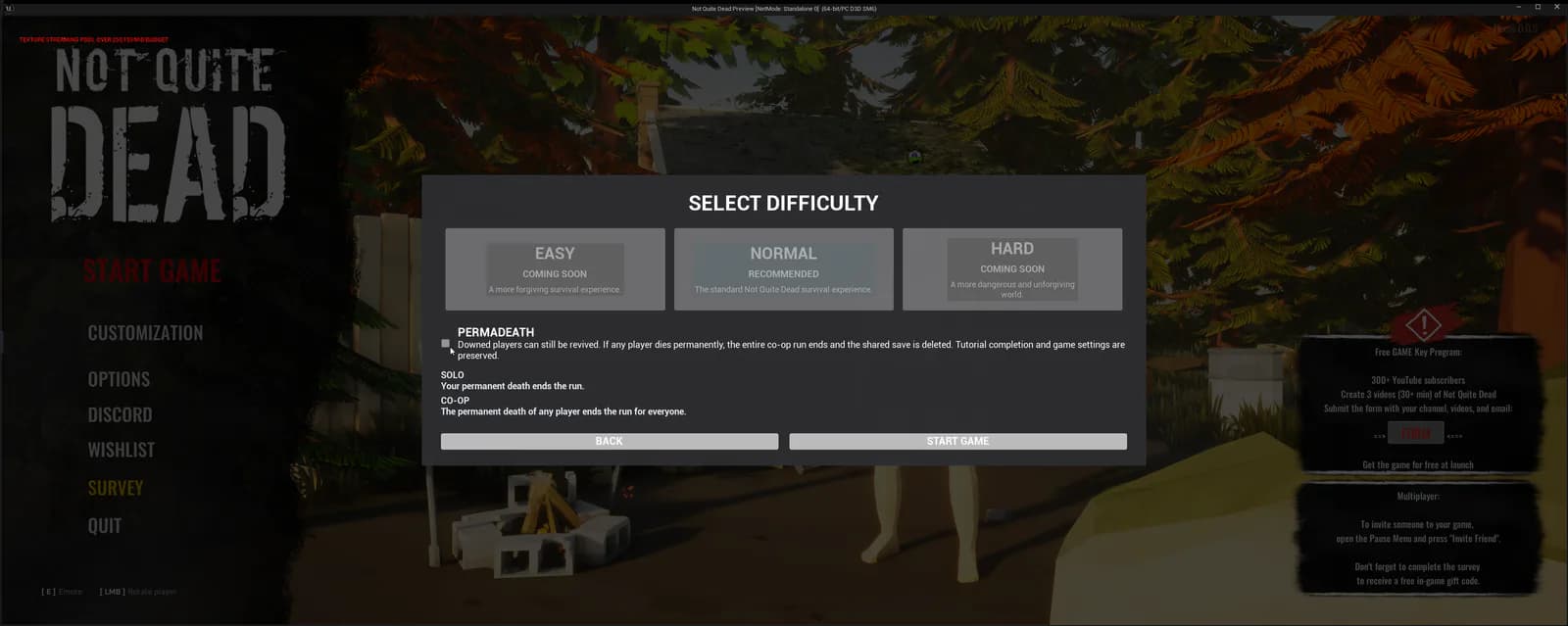 Not Quite Dead difficulty selection interface with Normal shown as the playable option