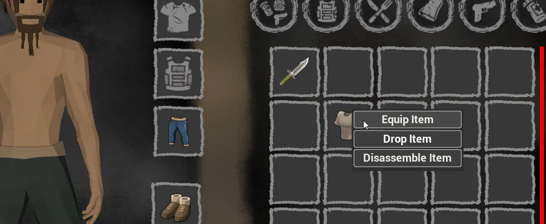 Inventory context menu with equipment, drop and disassemble actions beside carried items