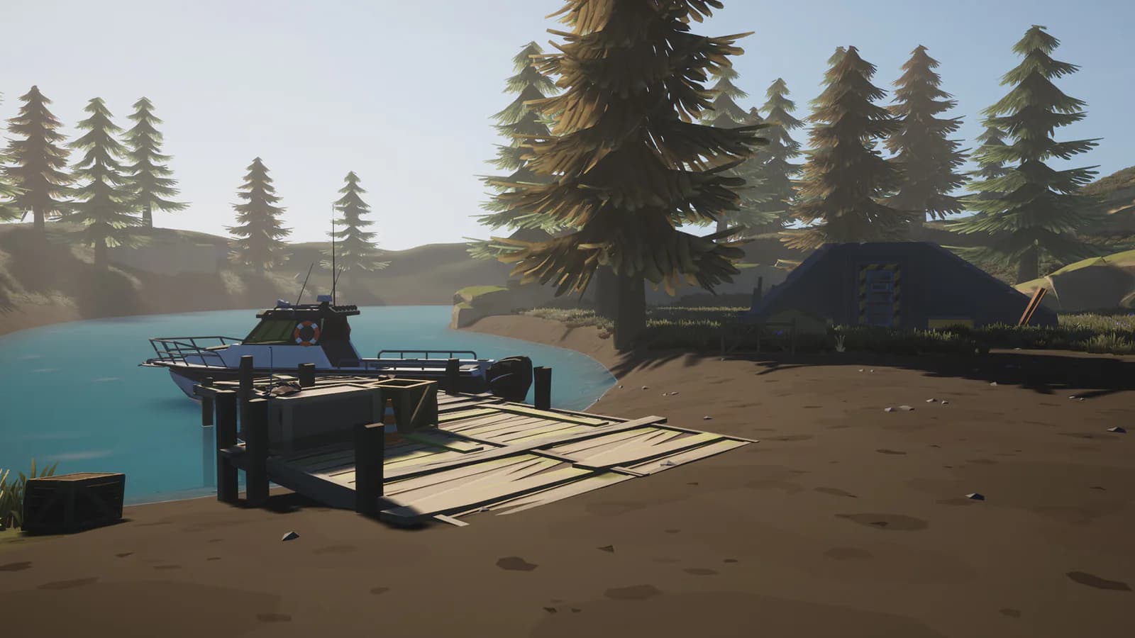 Motorboat tied beside a small island dock with water and forest visible beyond