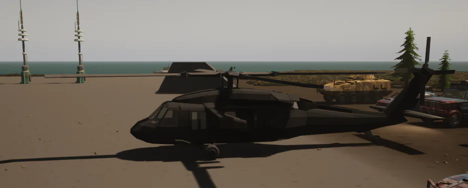 Official development screenshot of a black helicopter parked on a concrete tarmac