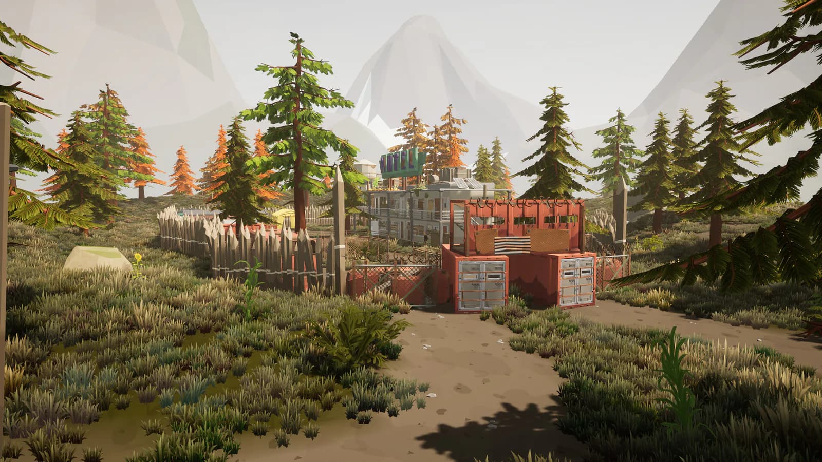 Armed survivor approaching a fenced military outpost with containers and guard structures
