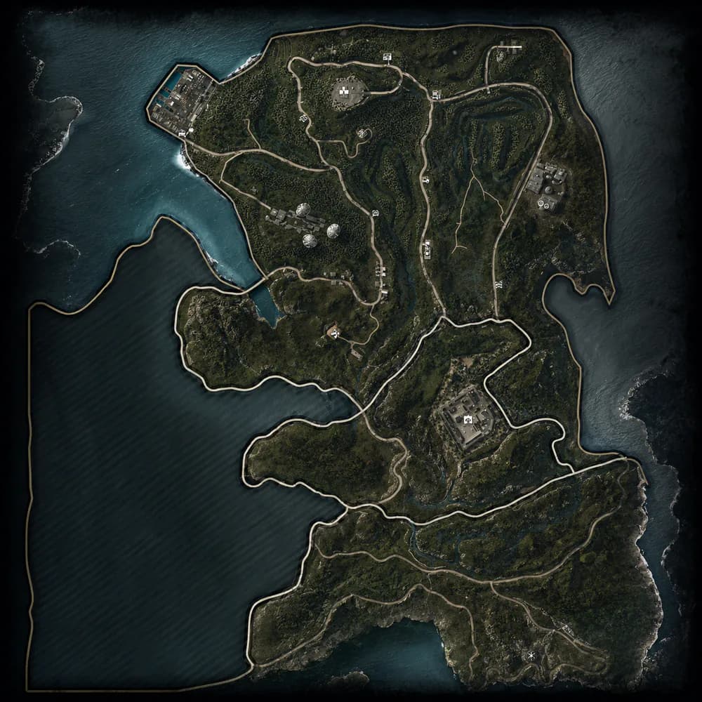 Official in-game Big Map showing the shape and road network of the survival island