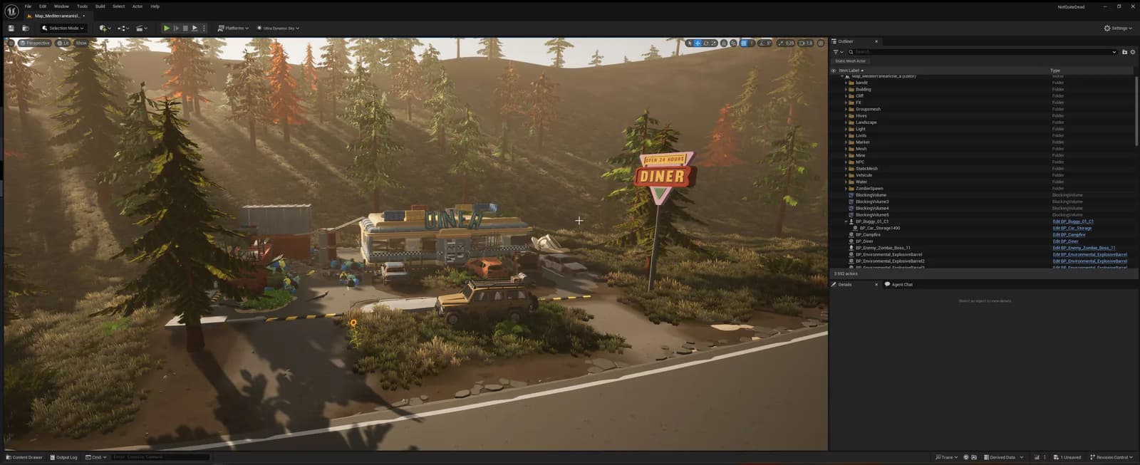 Official development view of an abandoned roadside diner surrounded by trees and wreckage