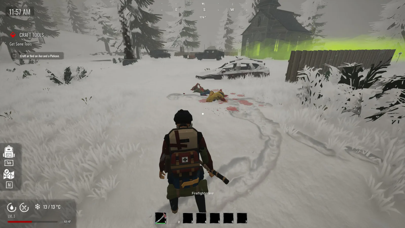 Survivor crossing a snow-covered area scattered with infected bodies and wrecked vehicles